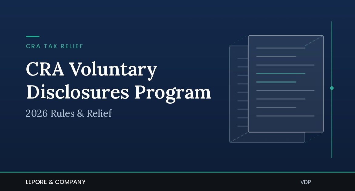 Abstract navy editorial graphic of two offset document layers moving into alignment, with the headline "CRA Voluntary Disclosures Program — 2026 Rules & Relief" and Lepore & Company branding.