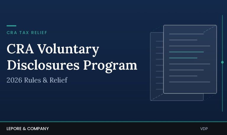 Abstract navy editorial graphic of two offset document layers moving into alignment, with the headline "CRA Voluntary Disclosures Program — 2026 Rules & Relief" and Lepore & Company branding.