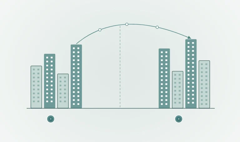Two city skylines on either side of a dashed border, joined by an arc, representing cross-border tax for businesses operating in Canada and the United States.